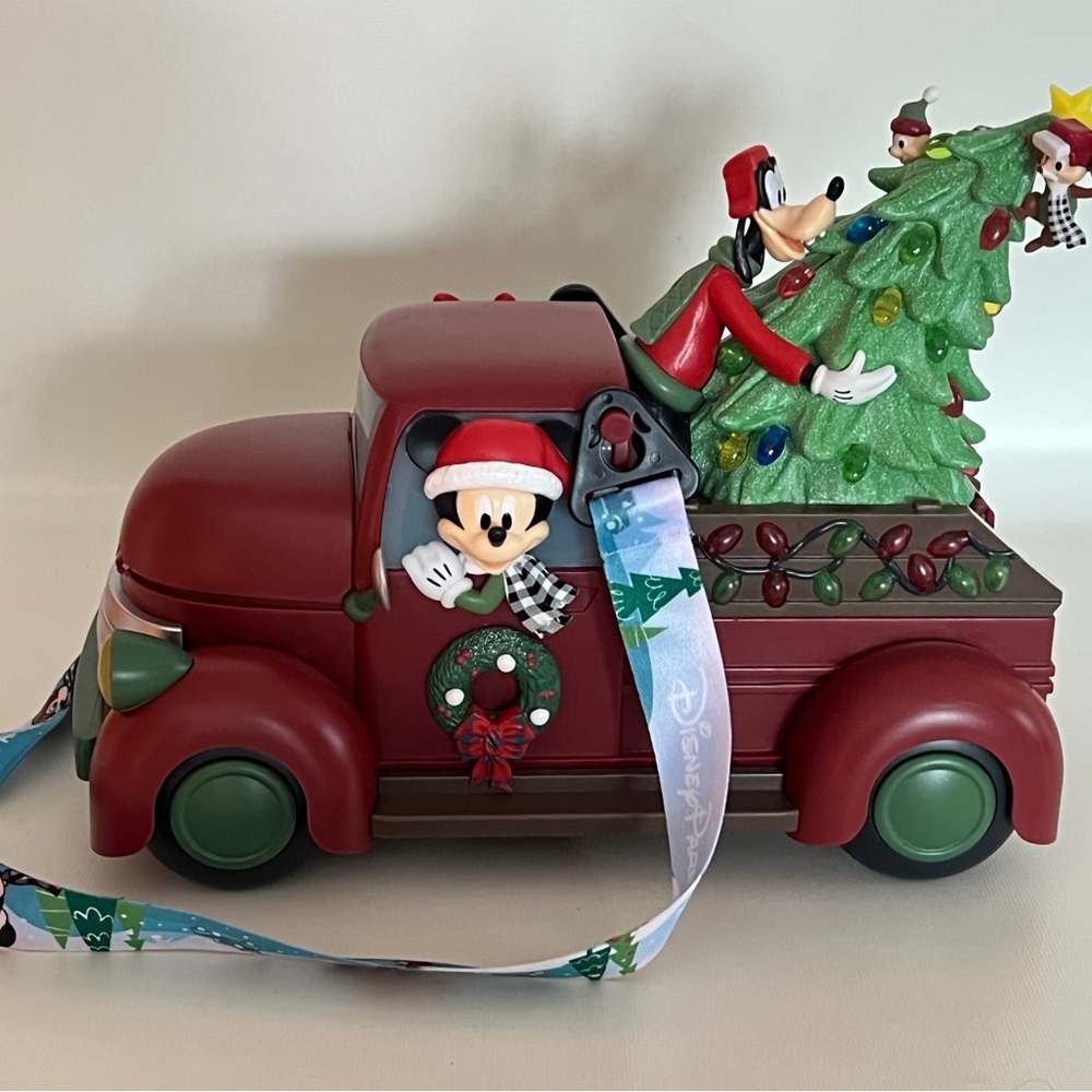 Disney Popcorn Bucket Red and Green Holiday Truck with Mickey and Goofy